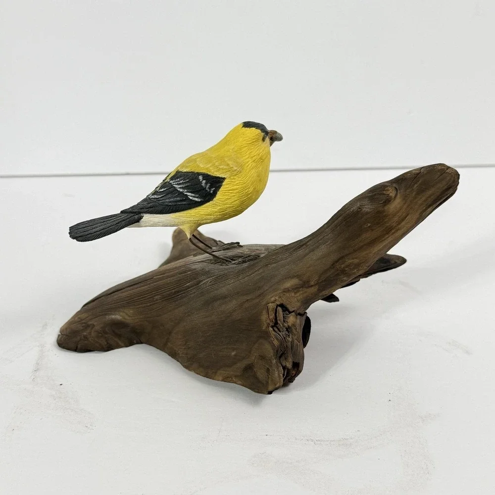 Vintage Hand Carved Wood Gold Finch Bird Figurine Driftwood Branch Signed